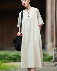 Cotton linen dress, summer new Chinese stand-up collar frog button dress 20240727