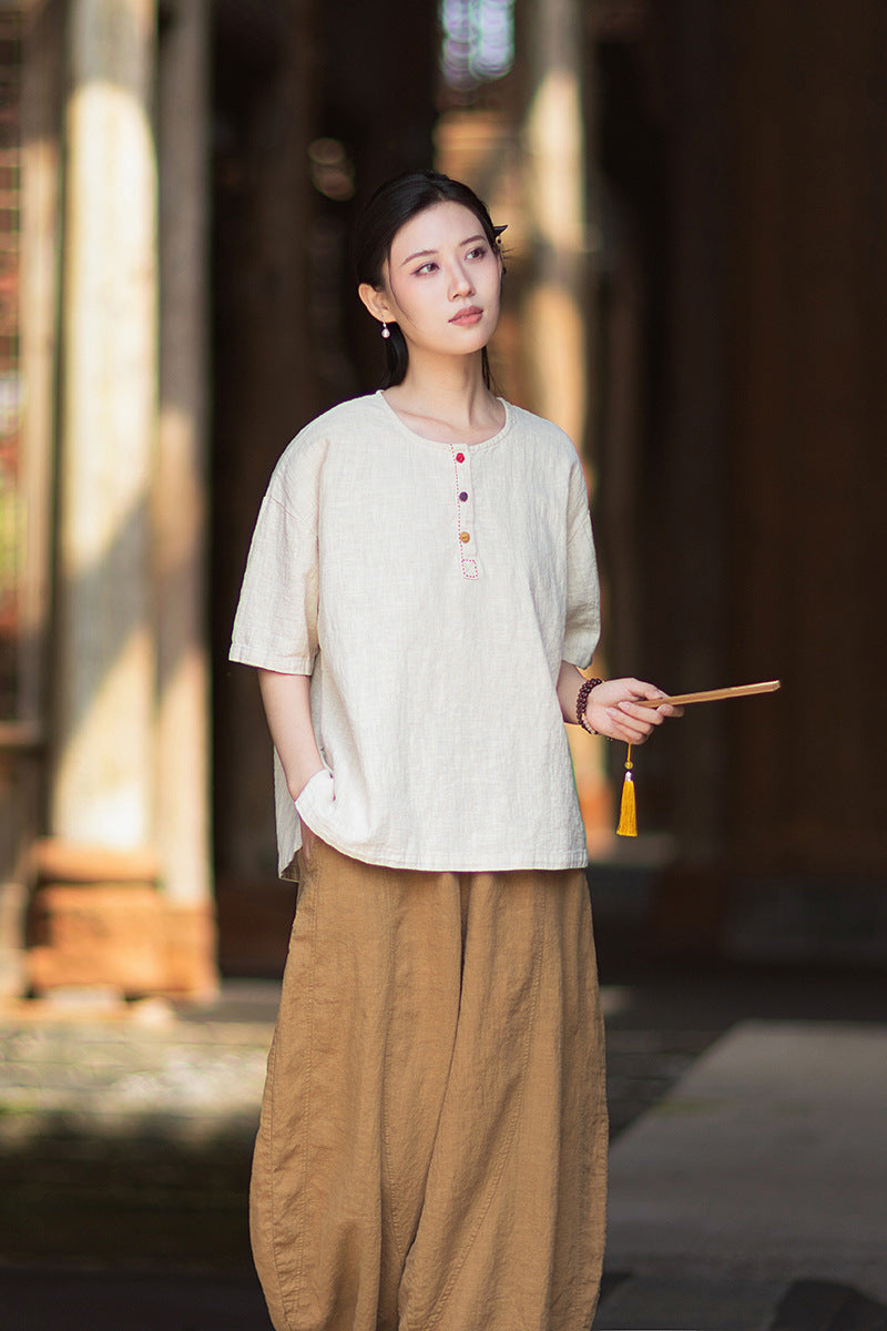 Round-Neck Chinese-Style Blouse: New Summer Style, Retro-Chic, Stitched Color-Blocking, Button-Front Short-Sleeve T-Shirt 20260511