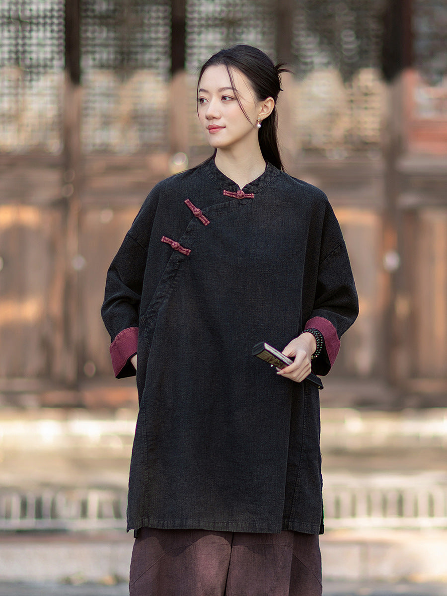 2026 Spring New Arrival: Retro Cotton-Linen Chinese-Style Stand-Collar, Color-Blocked, Button-Fastened, Wrap-Front Blouse for Women – Zen Tea Attire