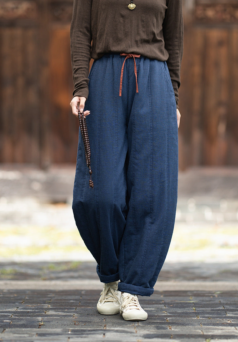 2026 Winter New Arrival: Ramie-Blend, Color-Blocked, Drawstring, Quilted, Thickened Cotton Pants—Versatile, Slimming, Loose-Fit Casual Pants