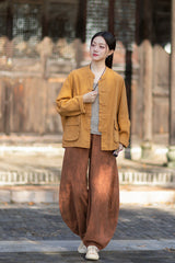 2026 Spring New Arrival: Original Vintage-Inspired Linen-Cotton Women's Cardigan, Loose-Fit Jacket with Stand-Up Collar and Button Closure