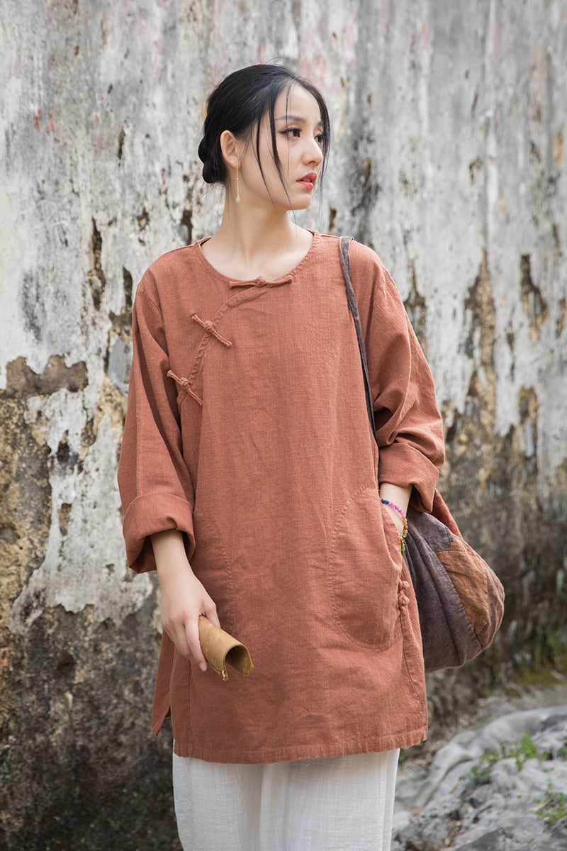 Vintage Summer Chinese Boat Collar Long Sleeve Shirt, Cotton  Linen Washed Frog Long T-Shirt 20250604