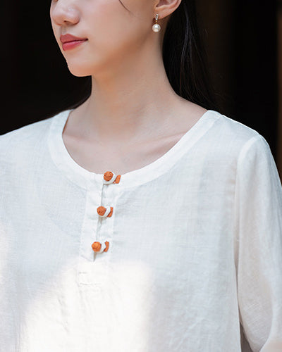 Frog Button Cotton  Linen Shirt, Summer Chinese Vintage Women Sandwashed Cotton  Linen T-shirt 20240728
