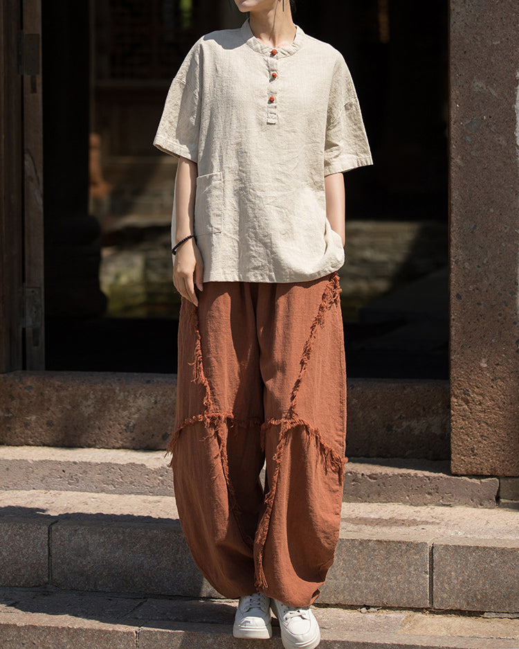 Summer Cotton Chinese t-shirt,cotton linen Washed Plate Button Women's Short Sleeve T-Shirt 20240714