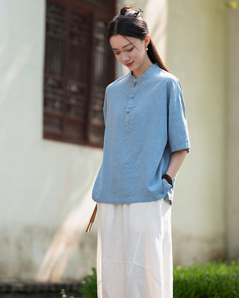 Frog button V-neck cotton  linen T-shirt, summer Chinese retro women sandwashed cotton  linen T-shirt 20240728