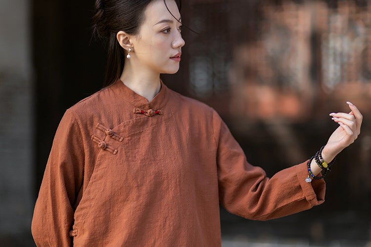 2026 Spring New Arrival: Retro Cotton-Linen Chinese-Style Stand-Collar, Color-Blocked, Button-Fastened, Wrap-Front Blouse for Women – Zen Tea Attire