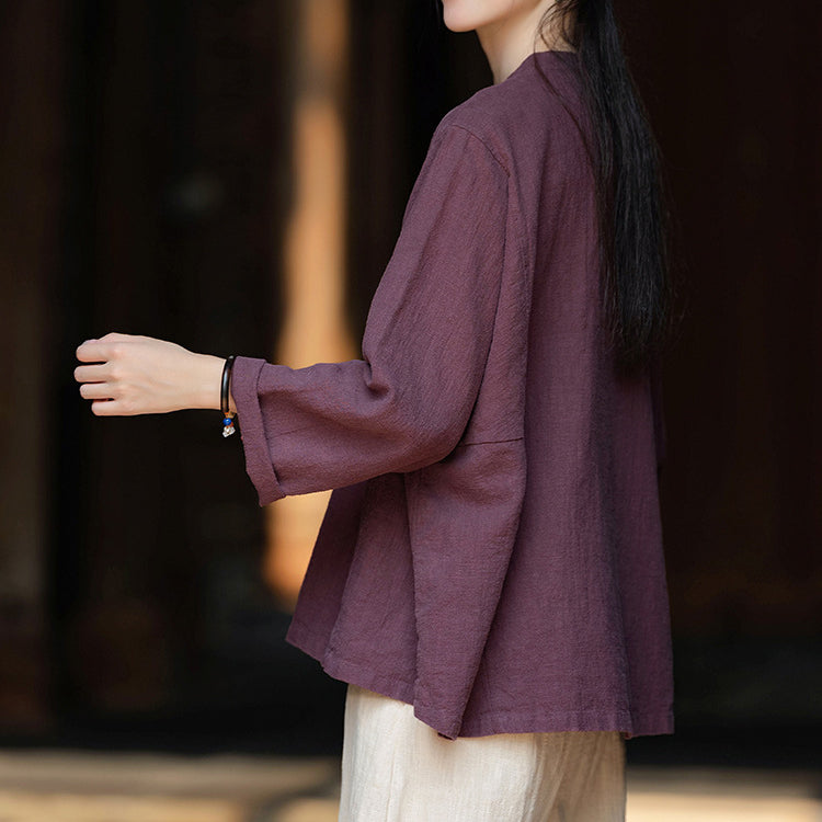 Women's Vintage Chinese Frog Button Long Sleeve Cotton Linen Shirt with Embroidery V-Neck Loose Blouse Shirt 20240920