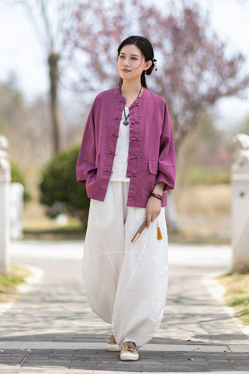 New Chinese-Style Loose-Fit Women's Shirt: Ramie Distressed Mandarin-Collared Modified Tang-Style Cardigan 20260511