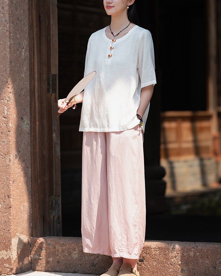 Frog Button Cotton  Linen Shirt, Summer Chinese Vintage Women Sandwashed Cotton  Linen T-shirt 20240728