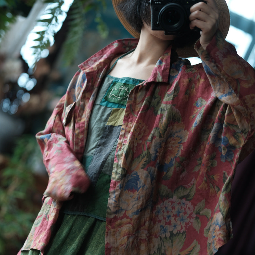 Vintage Digital Printed Pure Ramie Shirt, Summer Loose Casual Shirt 240621