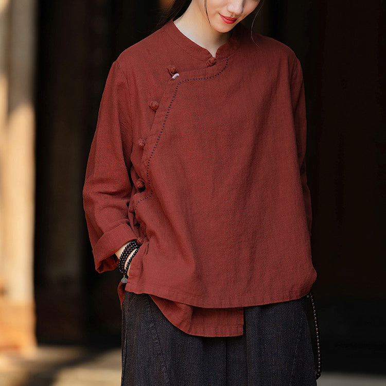 Women's Vintage Chinese Long Sleeve Cotton Linen Shirt with Embroidery Boat Neck Loose Casual Shirt 20240920