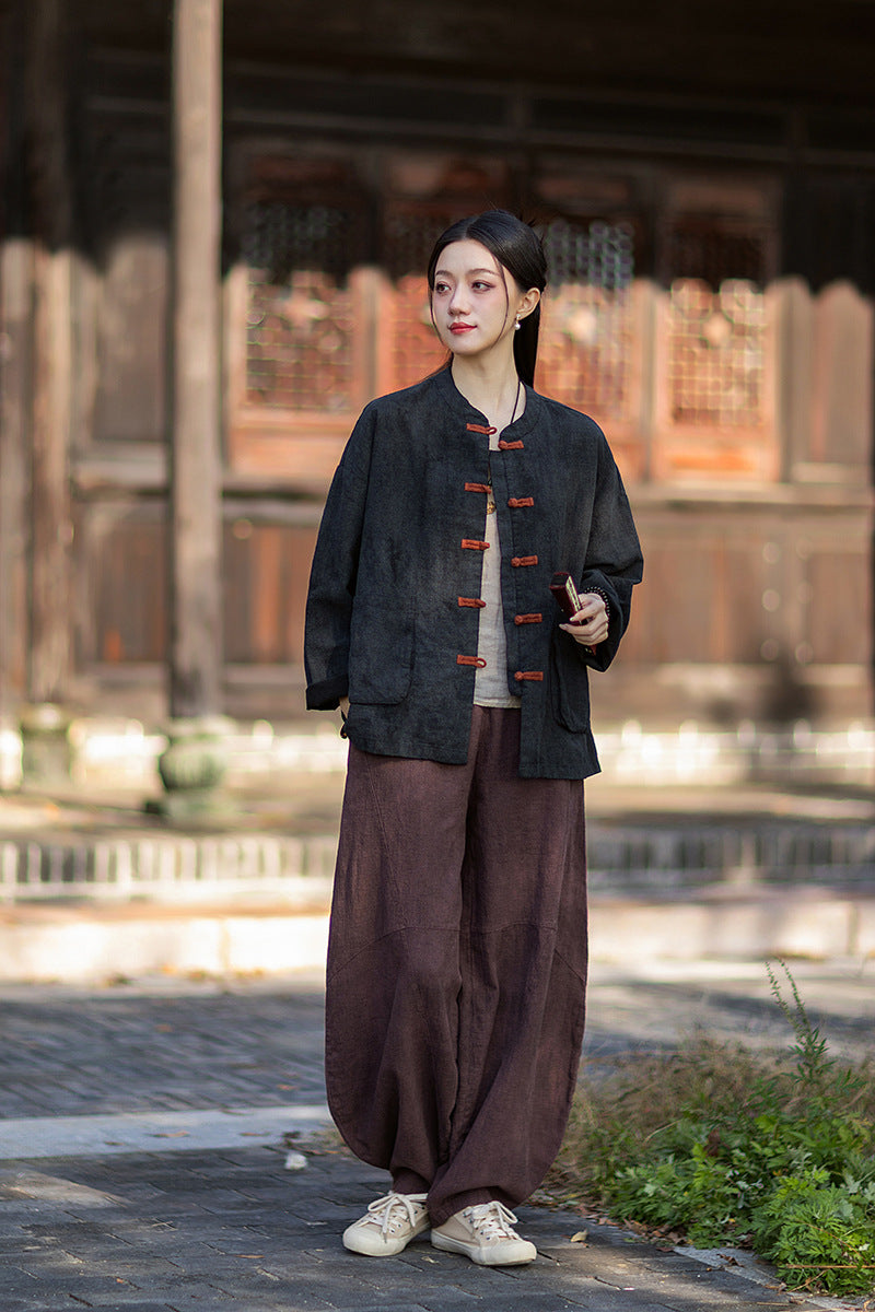 2026 Spring New Arrival: Vintage-inspired, distressed, sand-washed asymmetrical top; niche-style patchwork V-neck cotton-linen button-down cardigan