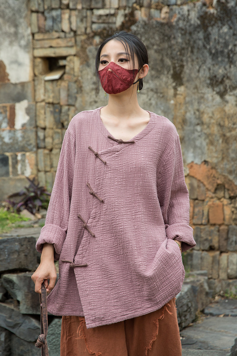 Vintage Summer Chinese Boat Collar Long Sleeve Shirt, Cotton  Linen Washed Frog Long T-Shirt 20250604