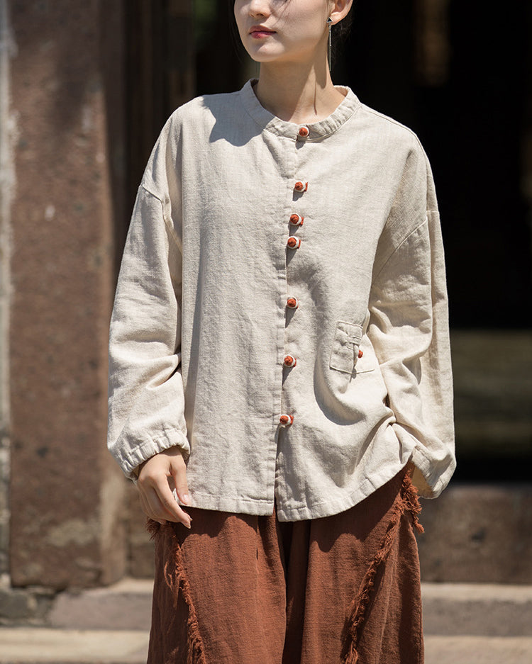 Summer cotton linen Chinese stand-up collar shirt, sandwashed frog button women's long-sleeved shirt 20240714