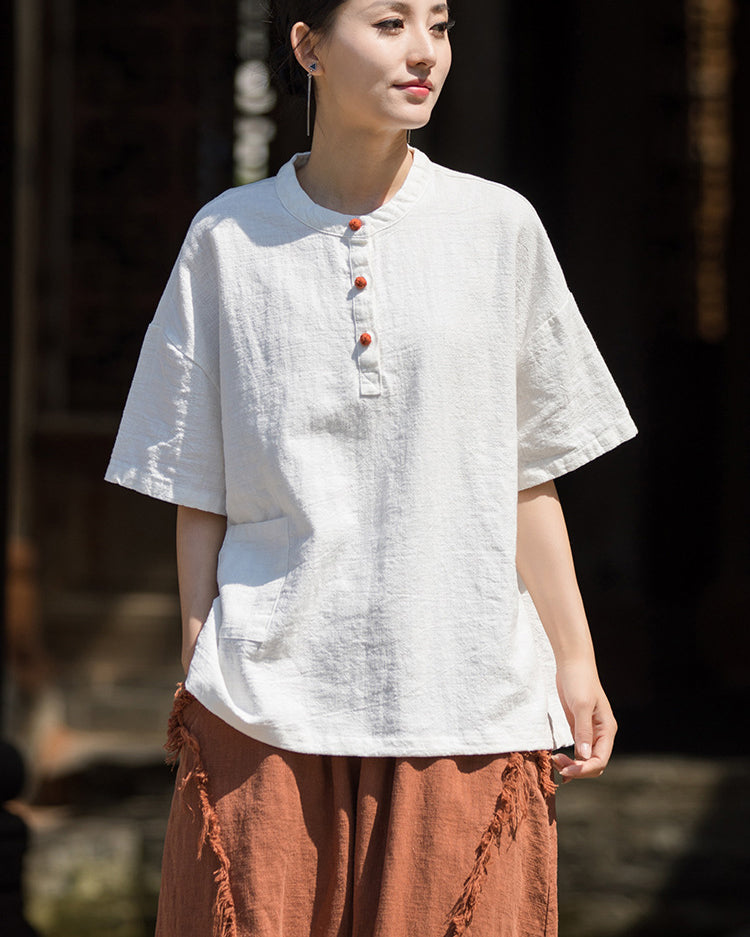 Summer Cotton Chinese t-shirt,cotton linen Washed Plate Button Women's Short Sleeve T-Shirt 20240714