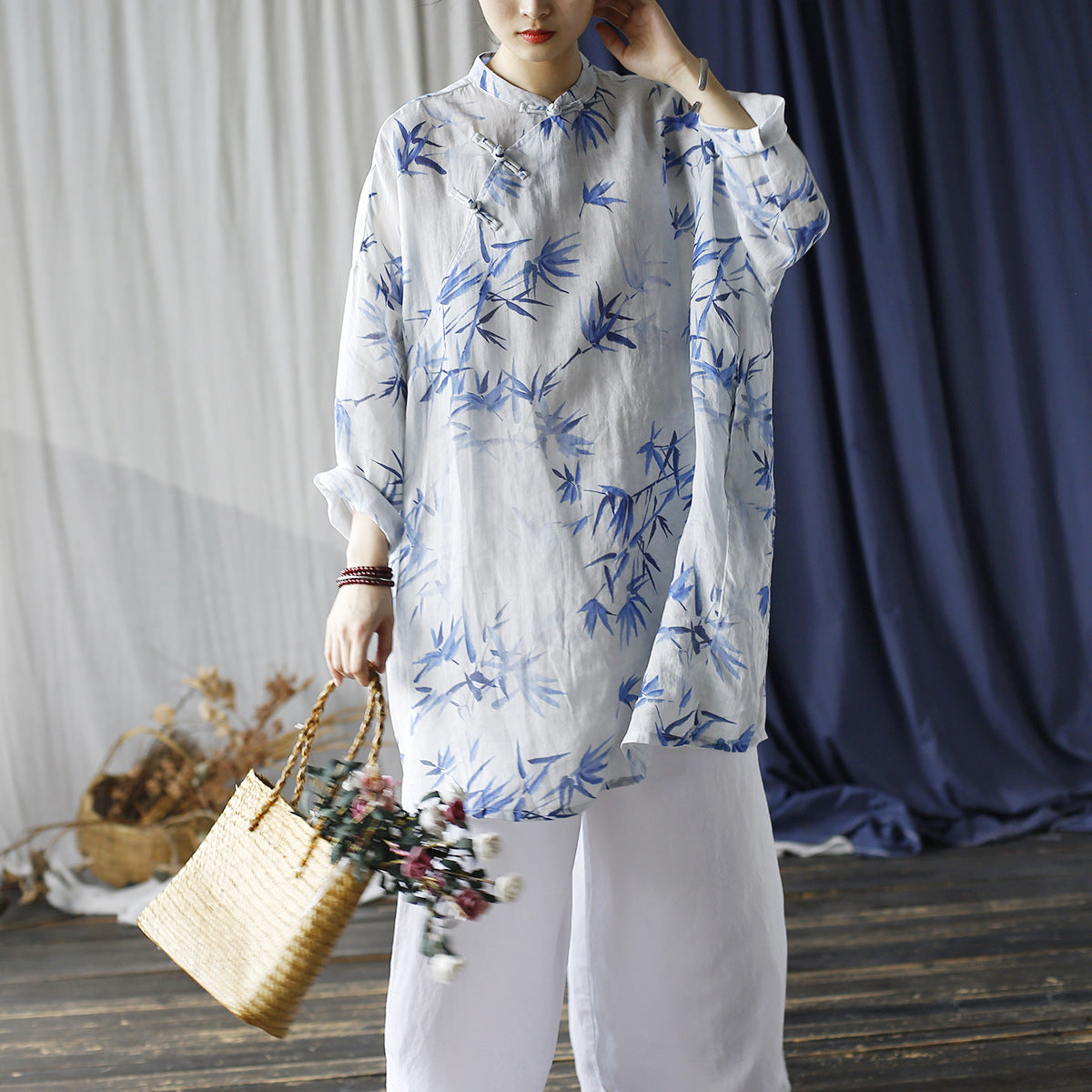 Summer Printed Standing Collar Chinese Frog Button Casual Shirt, Loose Ramie Shirt 20240803