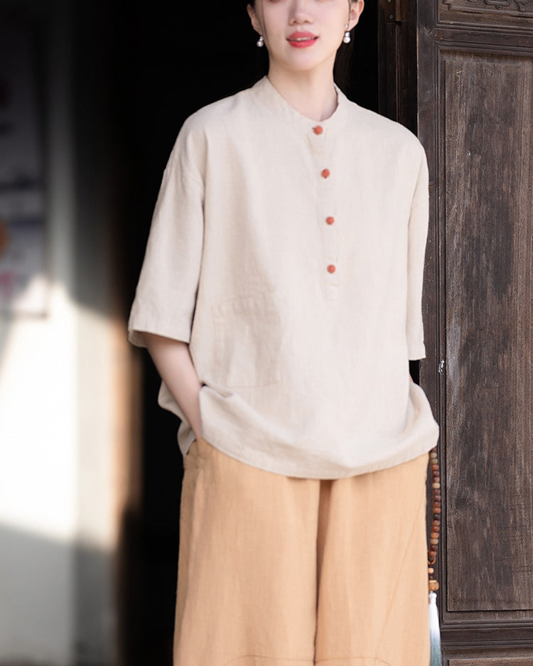 Original cotton  linen women's clothing, summer Chinese retro women's sandwashed cotton T-shirt 20240728