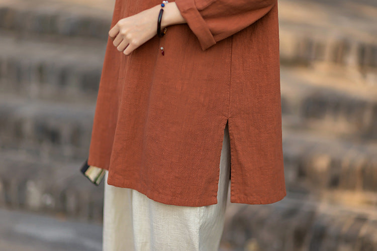 2026 Spring Retro Mandarin Collar Button-Down Cotton-Linen Blouse for Women: Chinese-Style Zen-Inspired Tea Ceremony Pullover, Ramie Stand-Up Collar Long-Sleeve Shirt
