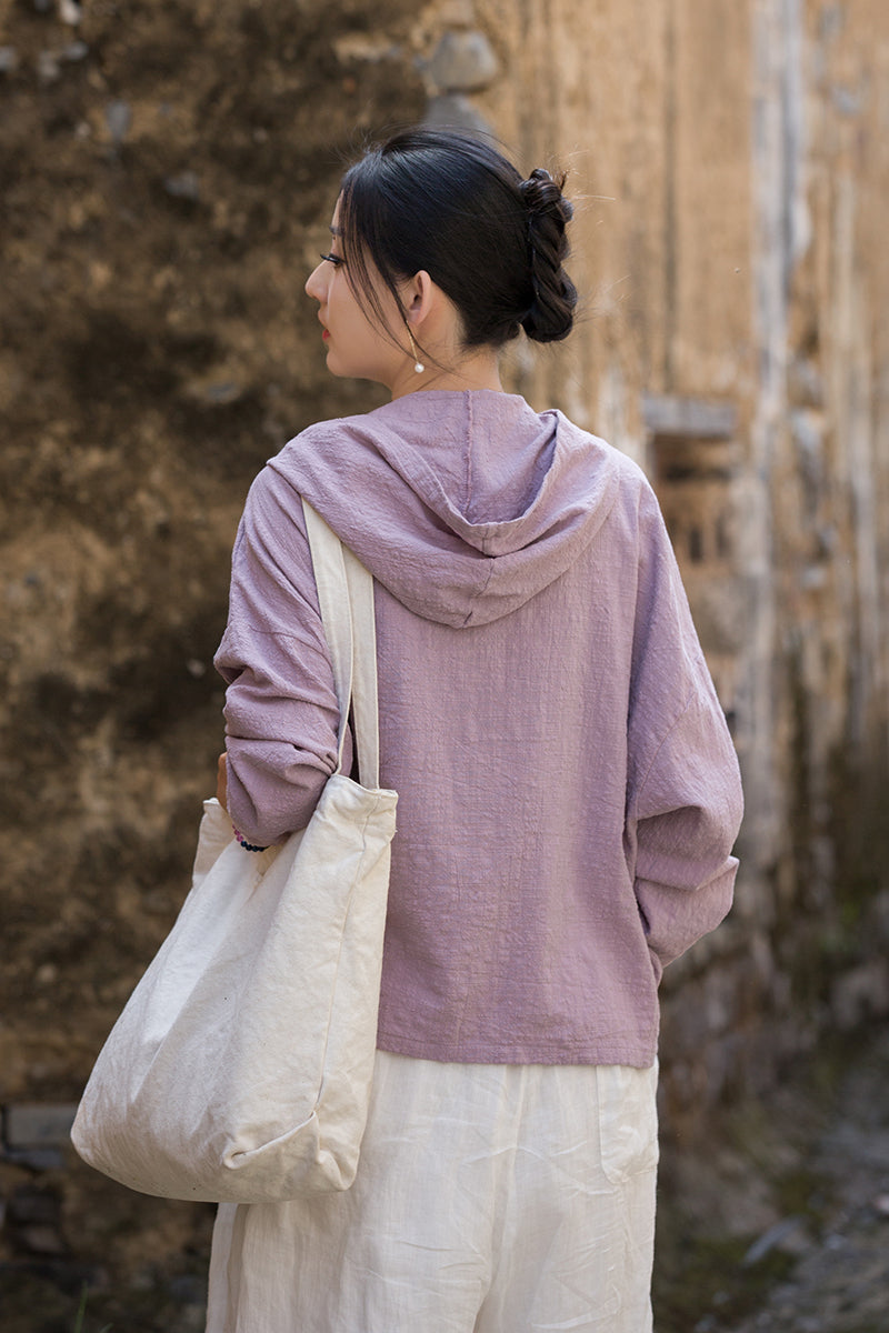 Ladies Summer Chinese Loose Frog Button Hoodie, Vintage Cotton and Linen Casual Shirt 20250604