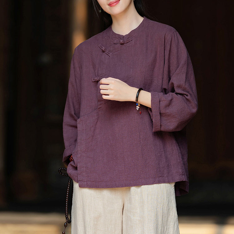 Women's Vintage Chinese Frog Button Long Sleeve Cotton Linen Shirt with Embroidery V-Neck Loose Blouse Shirt 20240920