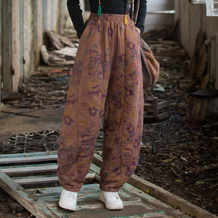 2024 Winter Thickened Printed Quilted Warm Cotton Linen Pants, Retro Loose Cotton Linen Tapered Pants 20241114