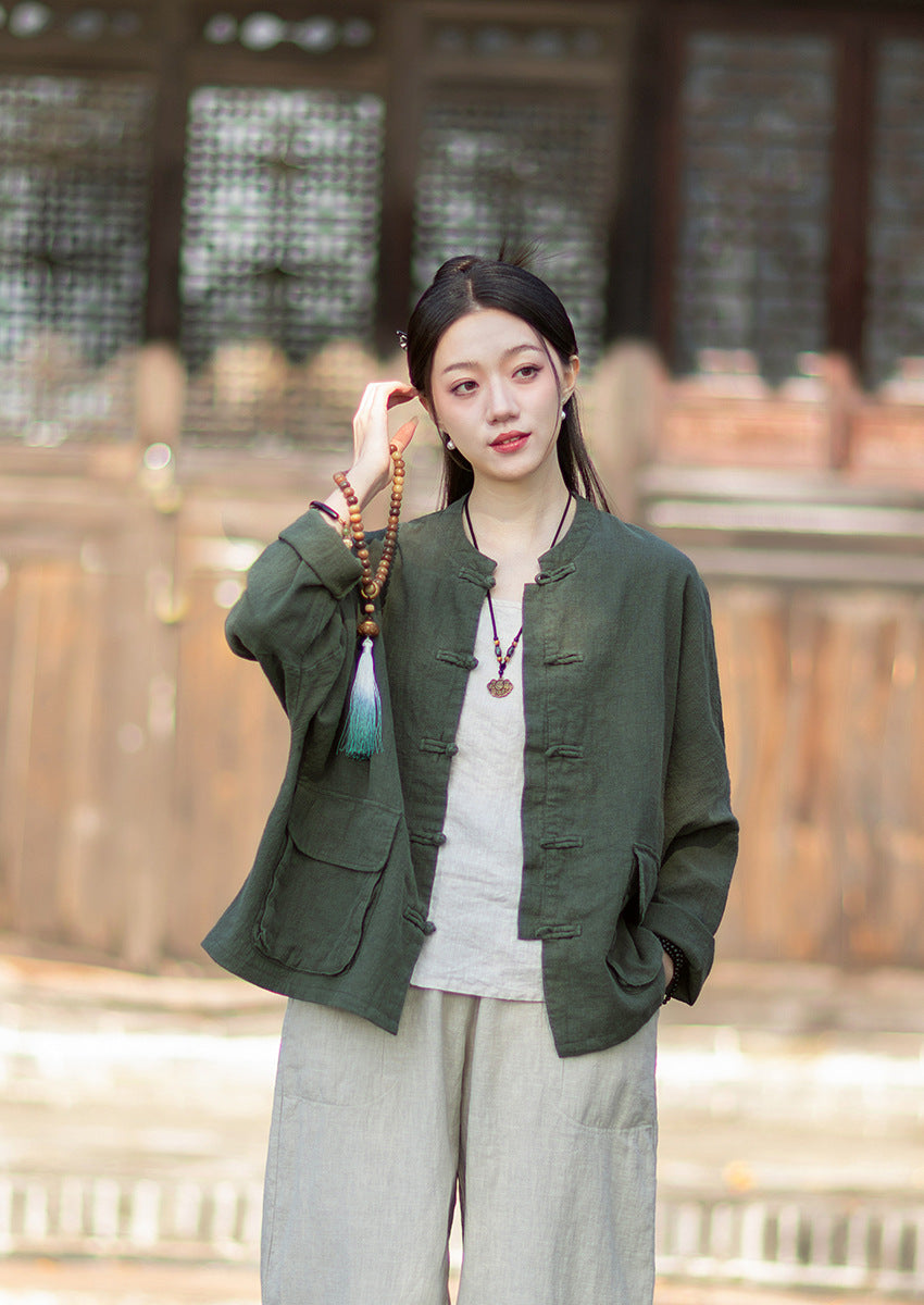 2026 Spring New Arrival: Original Vintage-Inspired Linen-Cotton Women's Cardigan, Loose-Fit Jacket with Stand-Up Collar and Button Closure