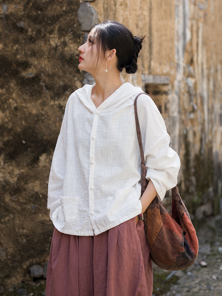 Ladies Summer Chinese Loose Frog Button Hoodie, Vintage Cotton and Linen Casual Shirt 20250604
