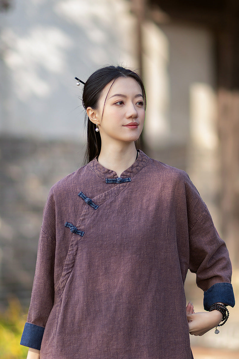 2026 Spring New Arrival: Retro Cotton-Linen Chinese-Style Stand-Collar, Color-Blocked, Button-Fastened, Wrap-Front Blouse for Women – Zen Tea Attire