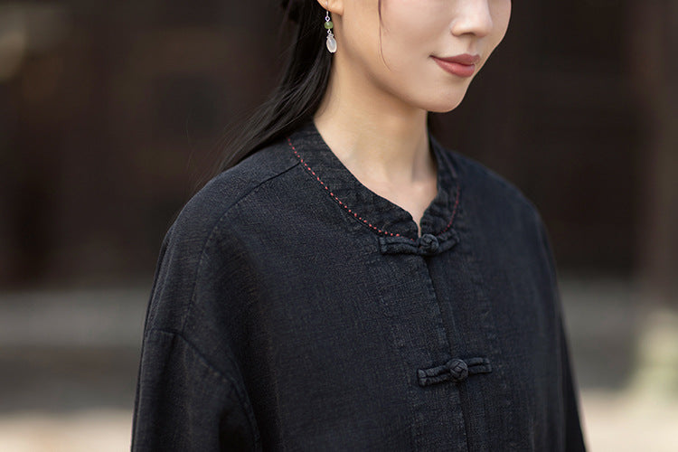 Summer New Arrival: Original Linen Hand-Knotted Button-Down Shirt with Large Pockets for Women – Vintage Distressed Jacket 20260511