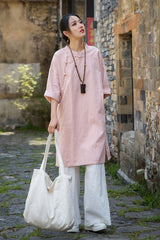 Women's summer Chinese loose frog button cheongsam, retro cotton  linen casual long shirt20250604