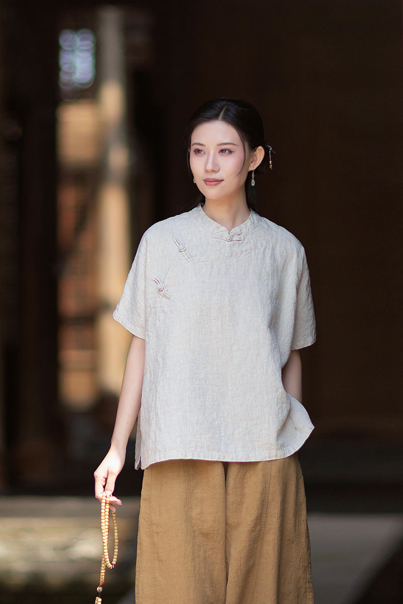 Women's Lightweight Linen Vintage-Style Summer Shirt, New Arrival: Zen-Inspired Stand-Up Collar with Button Closure 20260511
