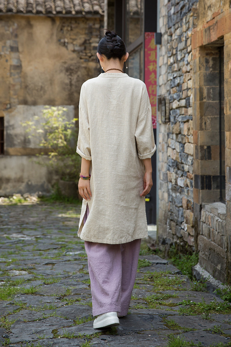 Women's summer Chinese loose frog button cheongsam, retro cotton  linen casual long shirt20250604