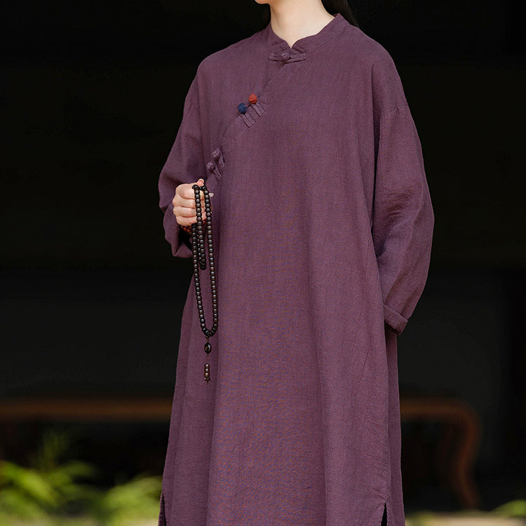 Women's Vintage Chinese Frog Button Long Sleeve Cotton and Linen Long Shirt, Standing Collar Loose Cotton and Linen Jacket 20240920