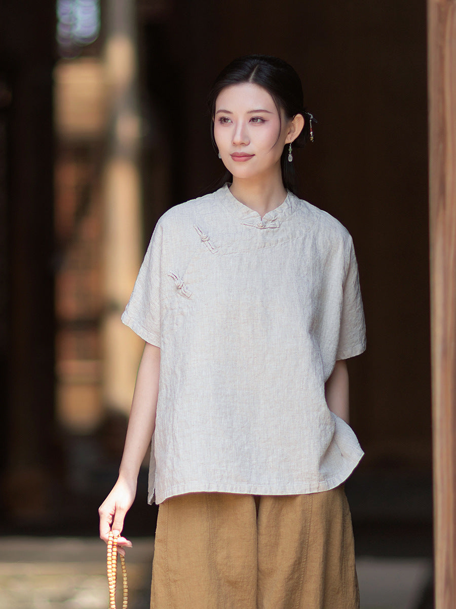 Women's Lightweight Linen Vintage-Style Summer Shirt, New Arrival: Zen-Inspired Stand-Up Collar with Button Closure 20260511