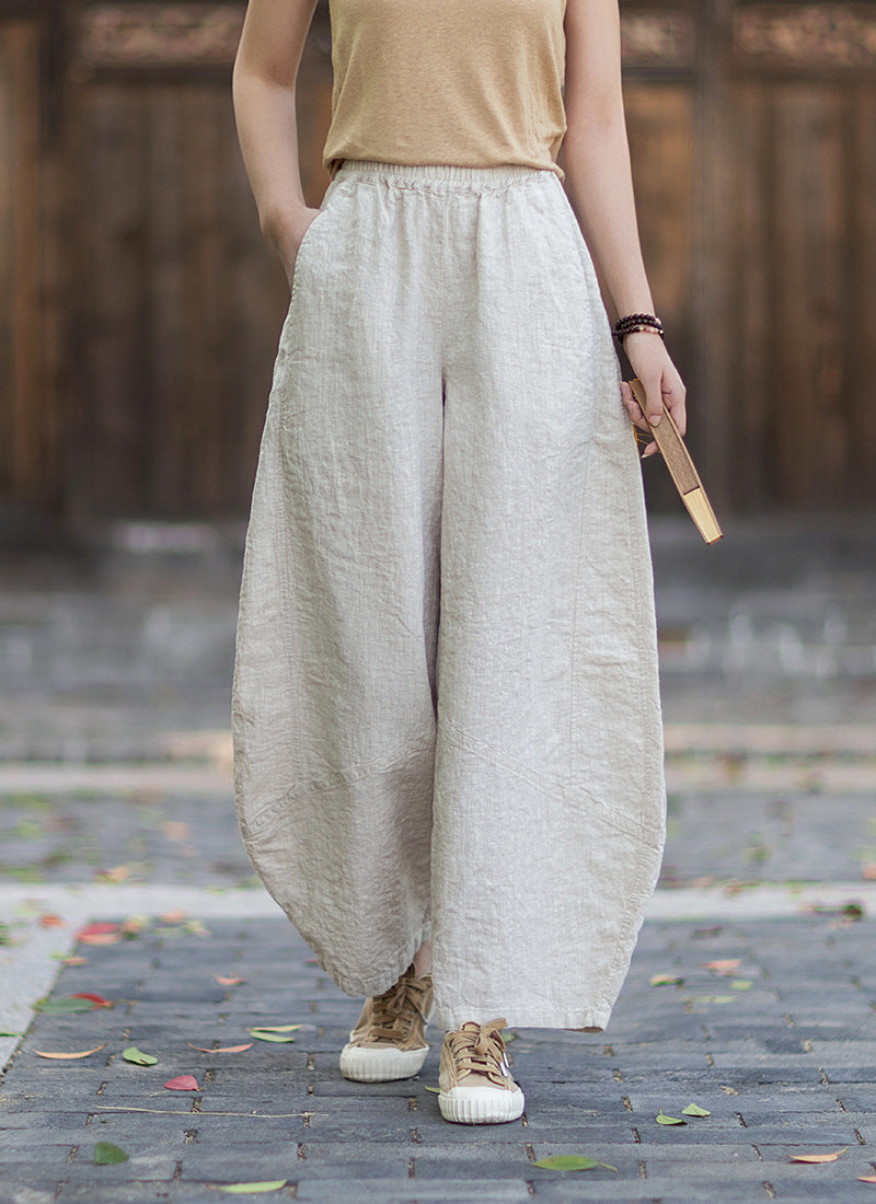 New Summer Arrival: Women's Artistic-Style Lightweight Linen Casual Pants with Elastic Waistband, Sandwashed, Distressed, Patchwork, and Cropped Bell-Bottom Design 20260511