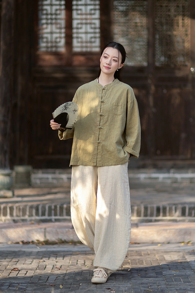 2026 Spring Cotton-Linen Women's New Chinese-Style Ramie Blouse, Loose-Fitting Cotton-Linen Button-Down Shirt with Chinese-Style Buttons, Modernized Tang-Style Jacket