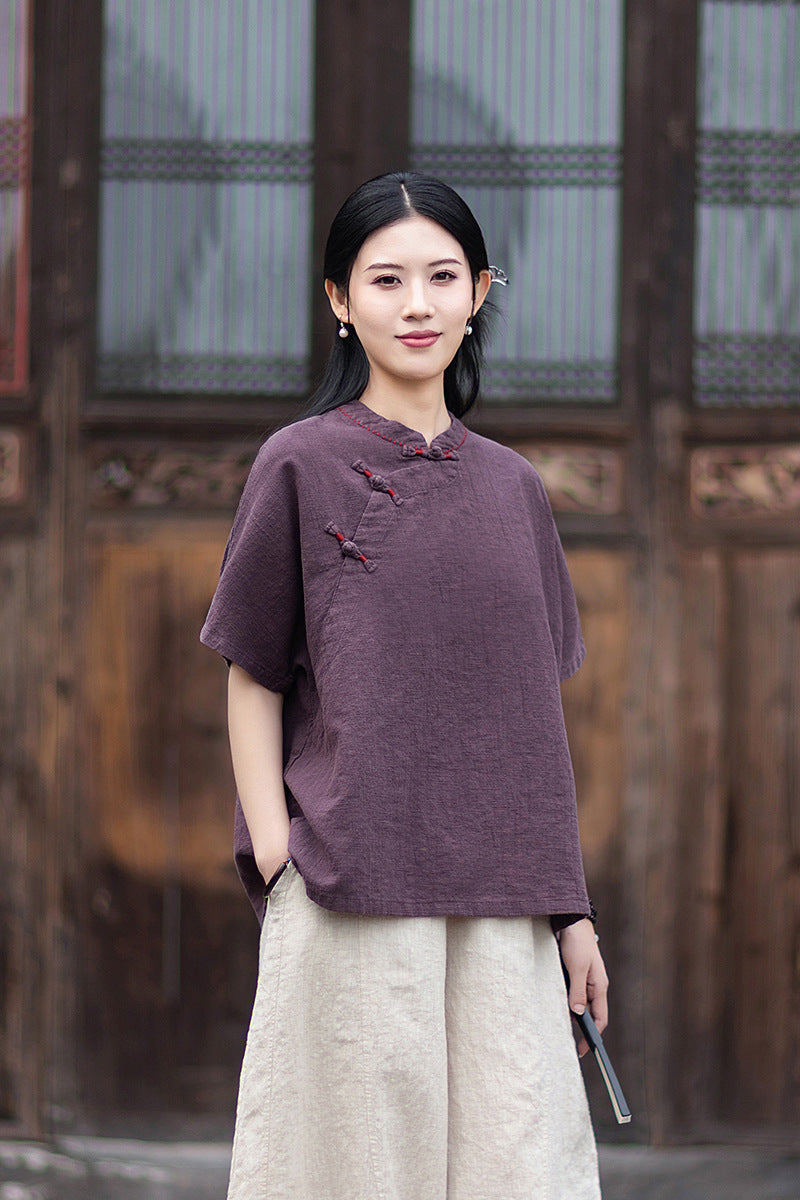 Women's Cotton-Linen Retro Zen-Inspired Stand-Collar Shirt with Stitched Buttonholes and Asymmetrical Hem 20260511