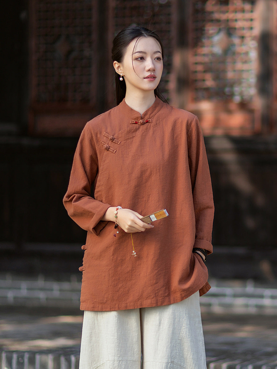 2026 Spring New Arrival: Retro Cotton-Linen Chinese-Style Stand-Collar, Color-Blocked, Button-Fastened, Wrap-Front Blouse for Women – Zen Tea Attire