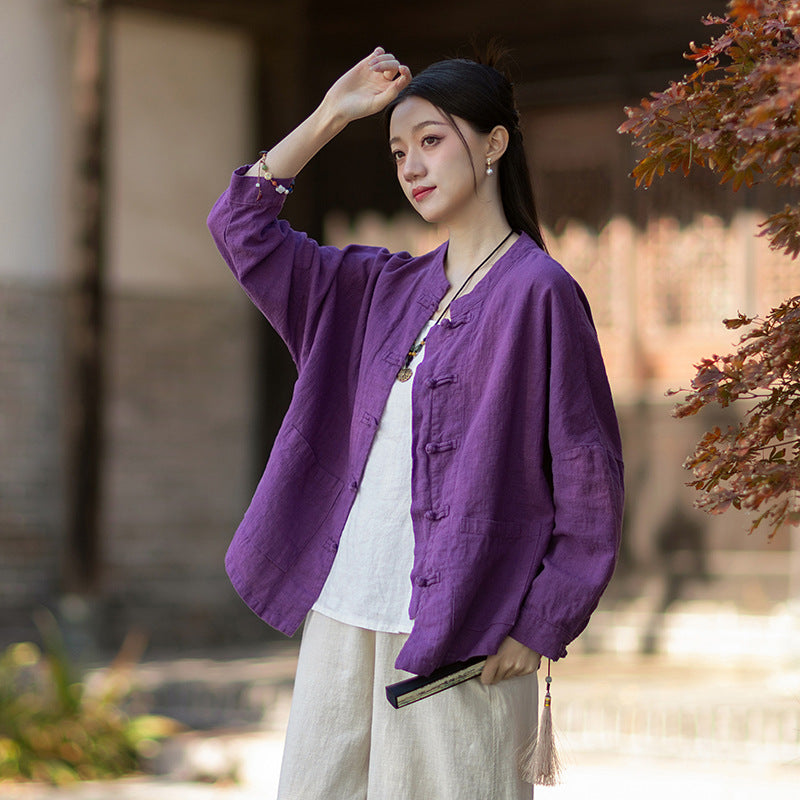 2026 New Arrival: Women's Long-Sleeve Cotton-Linen Blouse, Loose-Fit Chinese-Style Stand-Up Collar with Button-Down Front