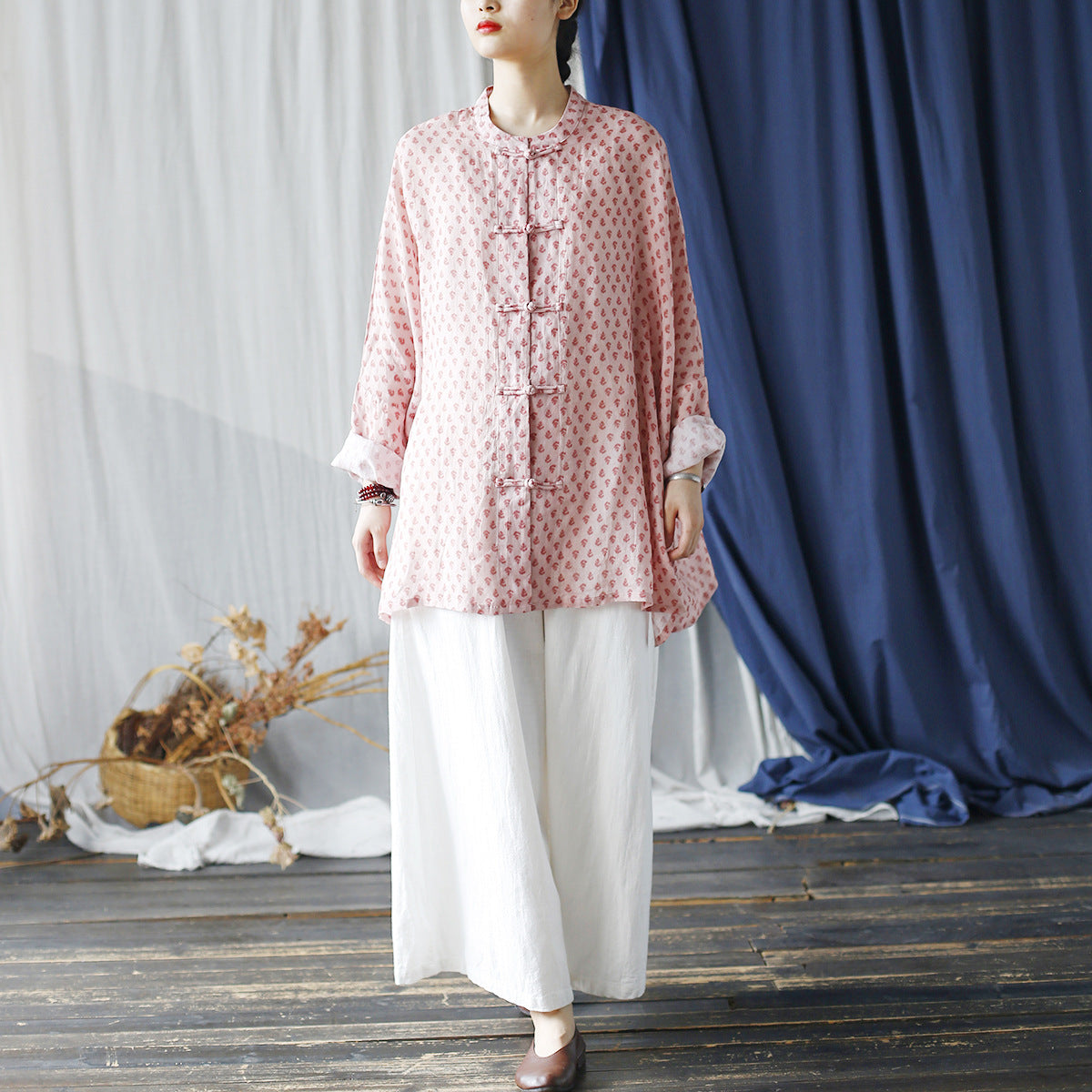 Loose Summer Printed Ramie Shirt, Standing Collar Frog Button Chinese Casual Shirt 20240803