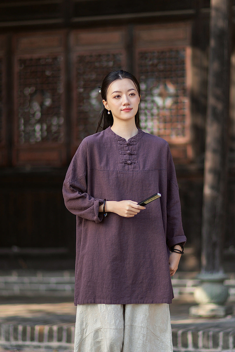 2026 Spring Retro Mandarin Collar Button-Down Cotton-Linen Blouse for Women: Chinese-Style Zen-Inspired Tea Ceremony Pullover, Ramie Stand-Up Collar Long-Sleeve Shirt