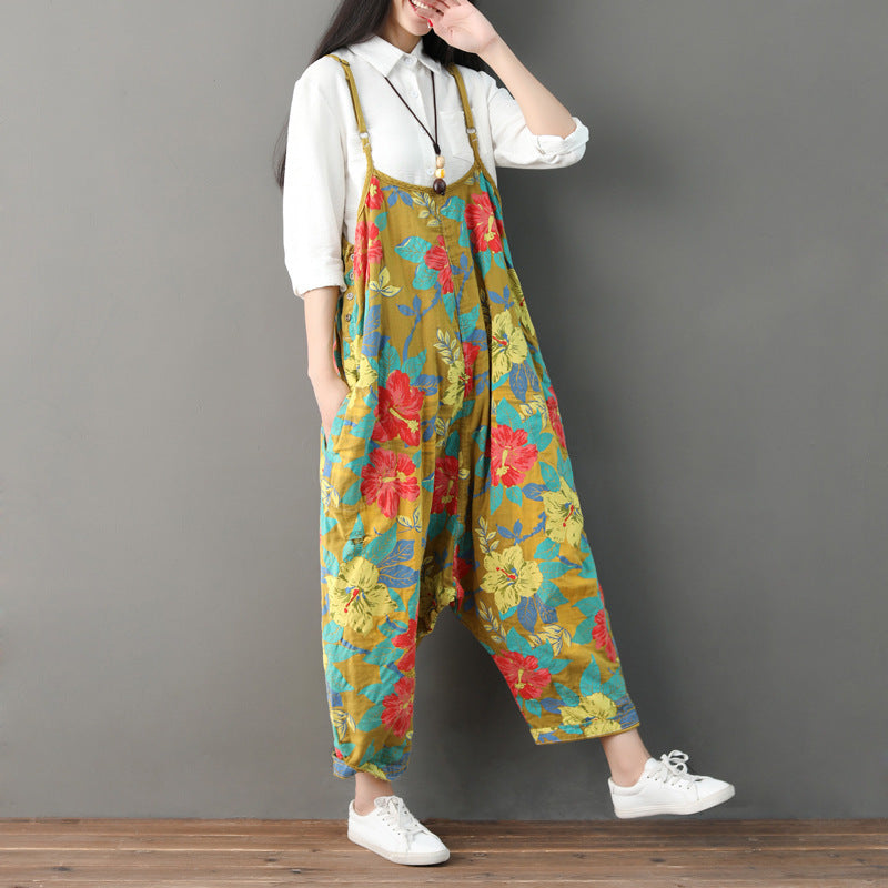 Printed floral cotton overalls, women's denim overalls, stonewashed loose overalls