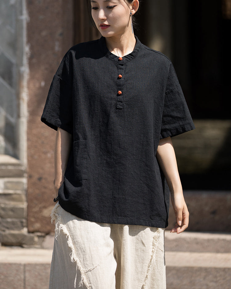 Summer Cotton Chinese t-shirt,cotton linen Washed Plate Button Women's Short Sleeve T-Shirt 20240714