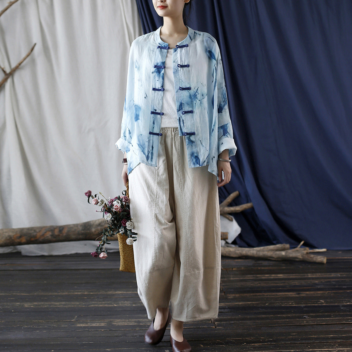 Printed Standing Collar Women Ramie Frog Button Shirt, Summer Vintage Loose Light Cardigan 20240802