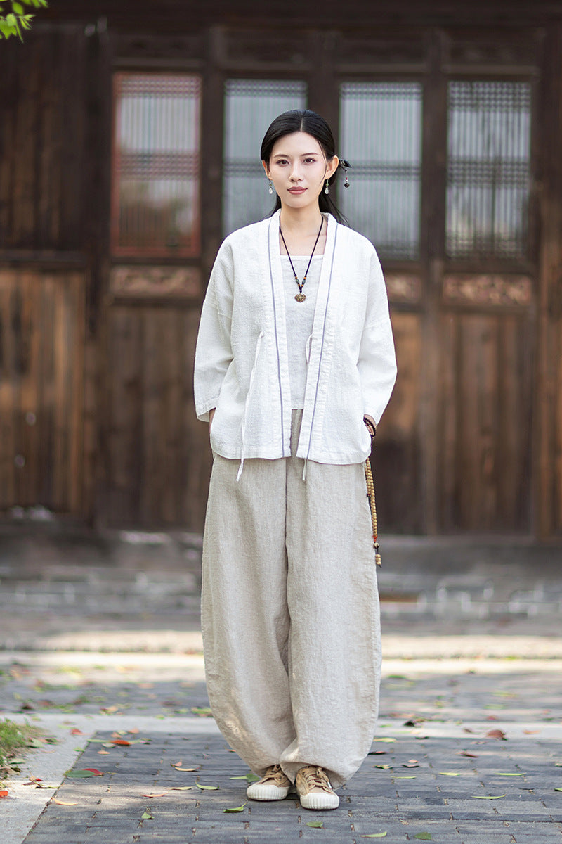 New Cotton-Linen Women's Vintage Zen-Inspired Ramie Tapered-Sleeve Tie-Front Cardigan, Loose-Fit Chinese-Style Jacket 20260511