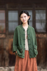 Summer New Arrival: Original Linen Hand-Knotted Button-Down Shirt with Large Pockets for Women – Vintage Distressed Jacket 20260511