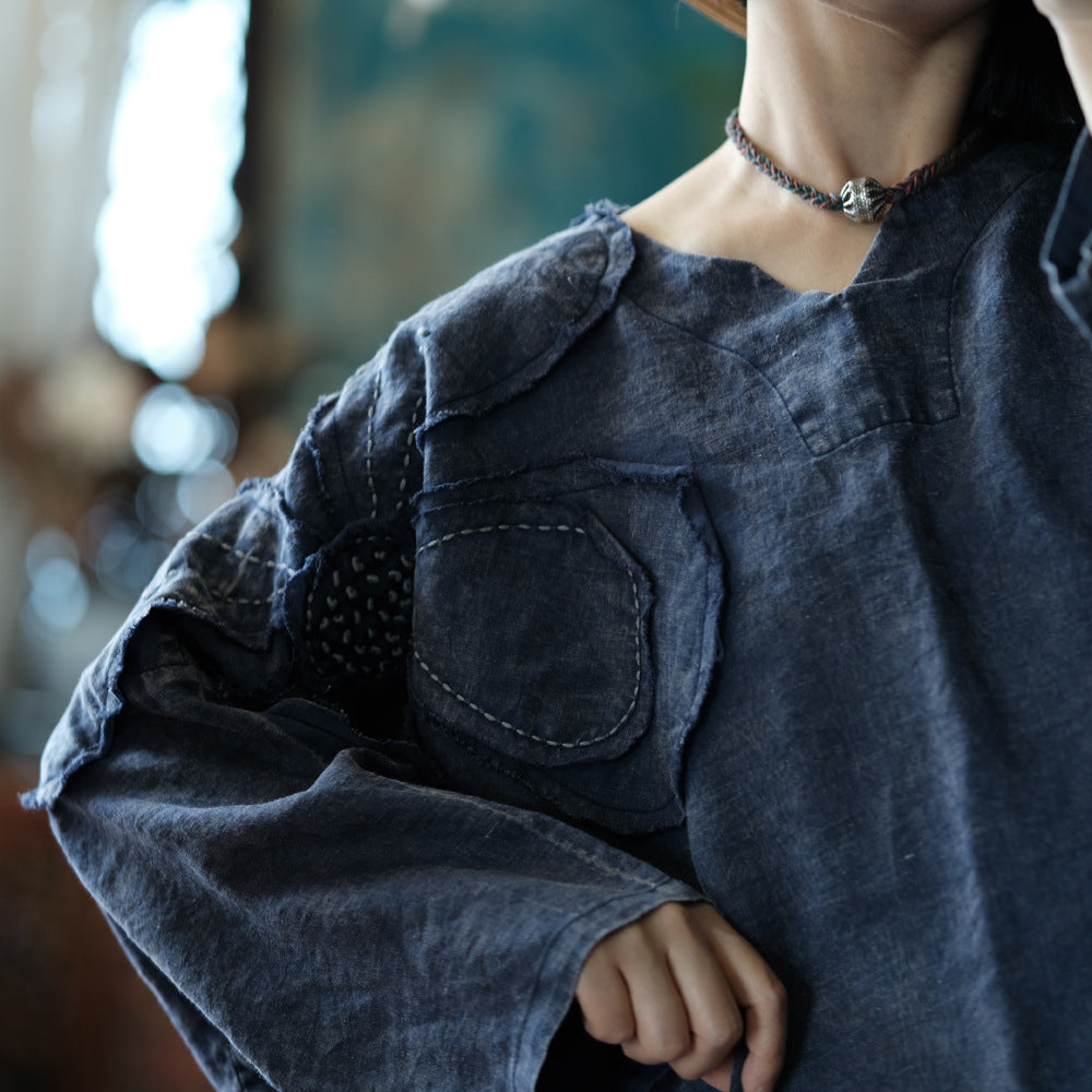 Pure Ramie Literary Hand Embroidered Blue Applique Shirt Top 240621
