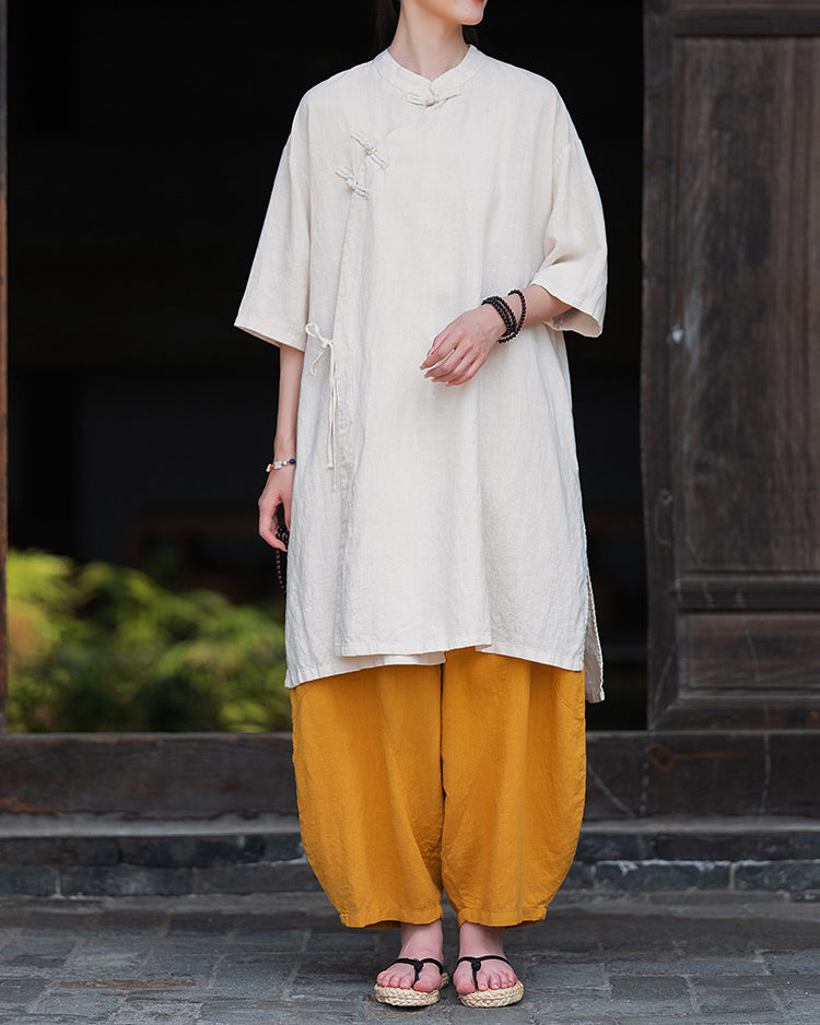 Cotton Linen Long Shirt, Summer New Chinese Standing Collar Frog Button Dresses 20240728