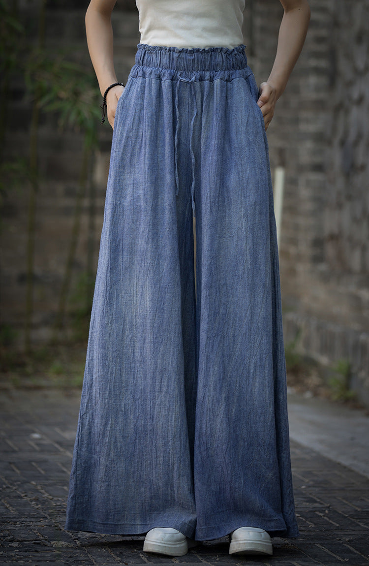 Ramie Handmade Tie-Dye Tied Mid-Waist Wide-Leg Pants, Vintage Elastic Waist Casual Trousers 20240722