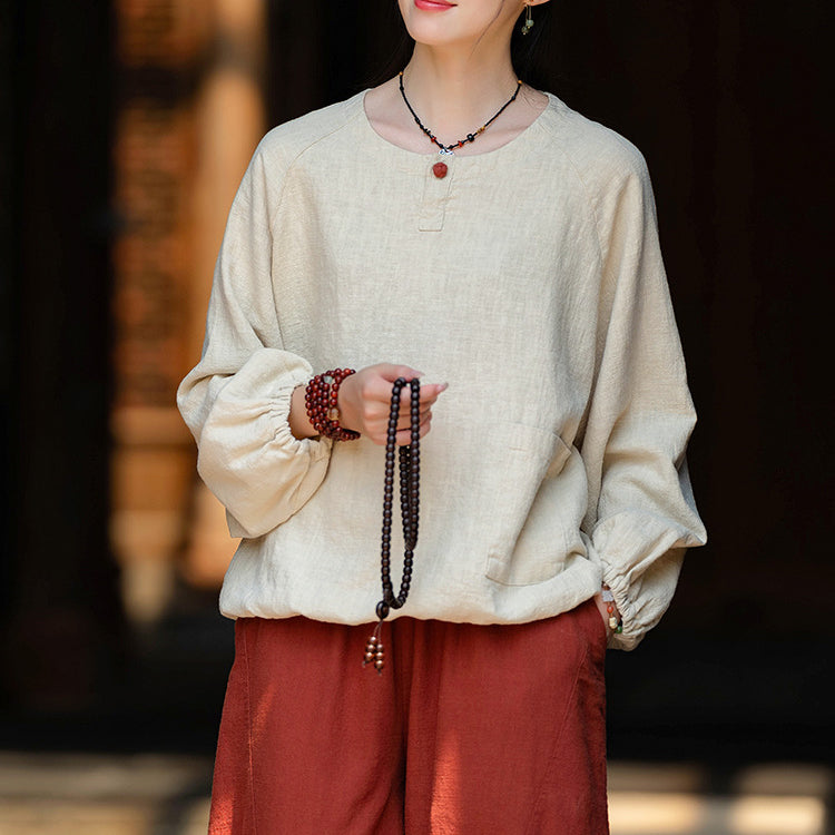 Loose long-sleeved cotton  linen T-shirt, vintage round neck cotton  linen  button top shirt 20240920